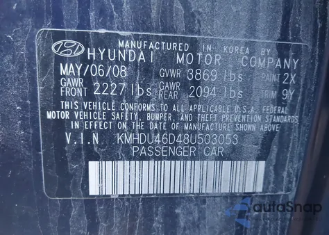 2008 Hyundai Elantra Gls/Se из США, поврежденный, VIN KMHDU46D48U503053